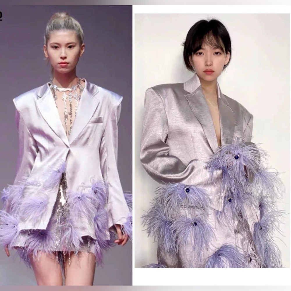 New! Nodress x Revolve Lavender Purple Ostrich Feather Jeweled Rhinestone Blazer